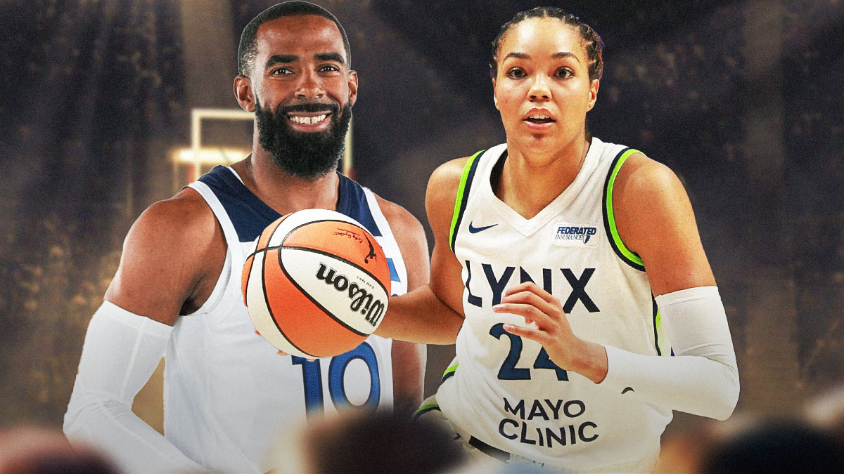 Timberwolves' Mike Conley hyped up while smiling at Lynx's Napheesa Collier