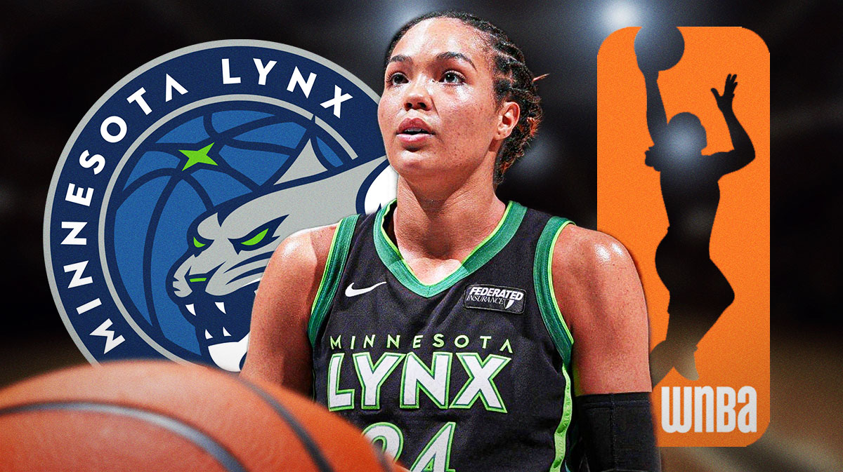 The Minnesota Lynx logo next to a photo of Lynx forward Napheesa Collier with a background of the WNBA Finals logo.