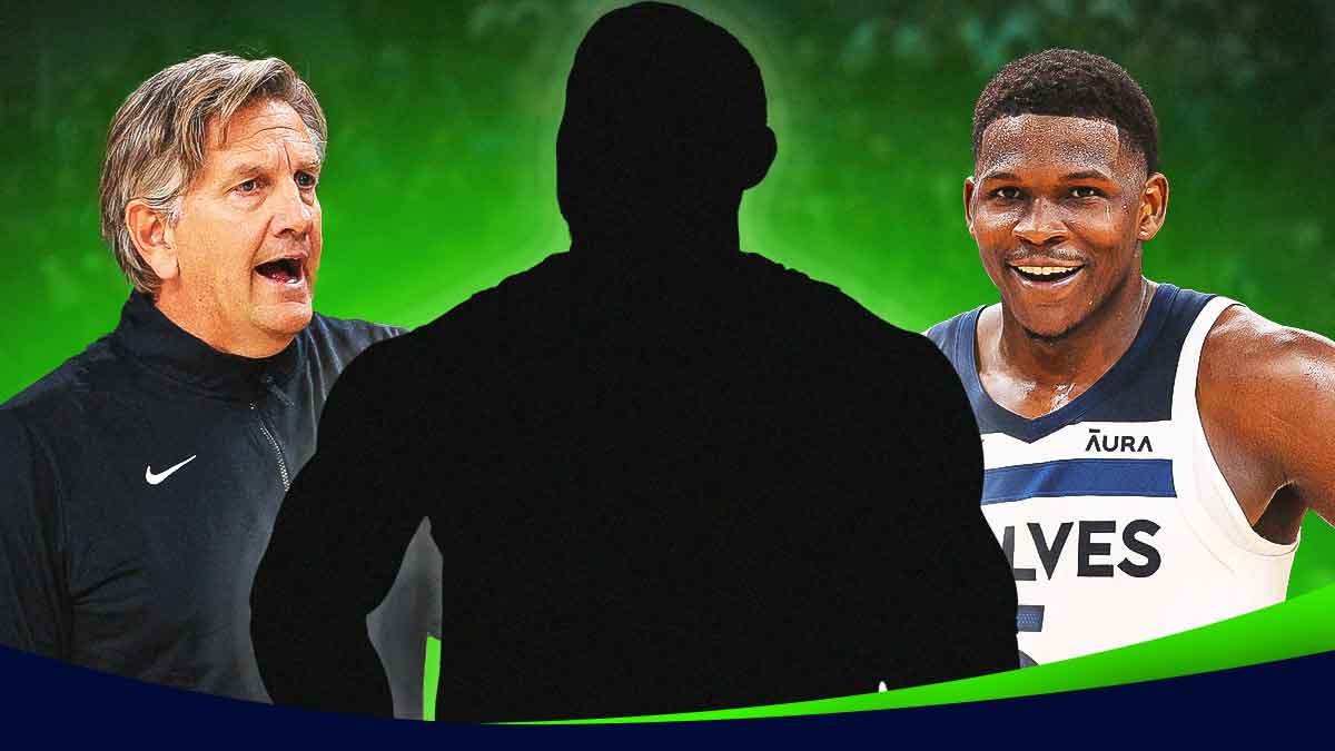 Chris Finch in Minnesota Timberwolves coaching unifrom on the left, Anthony Edwards in Timberwolves jersey on the right, Silhouette/shadow of basketball player in between Finch and Edwards