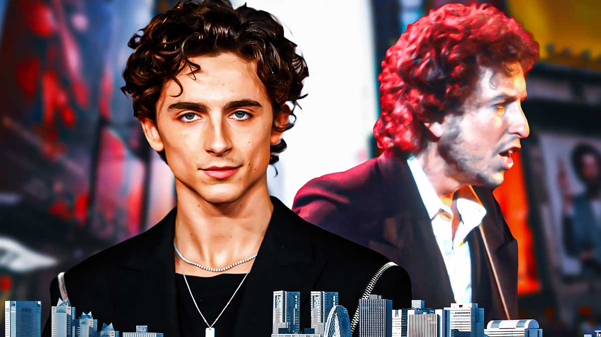 A Complete Unknown star (Bob Dylan biopic) Timothée Chalamet with Bob Dylan and New York City background.