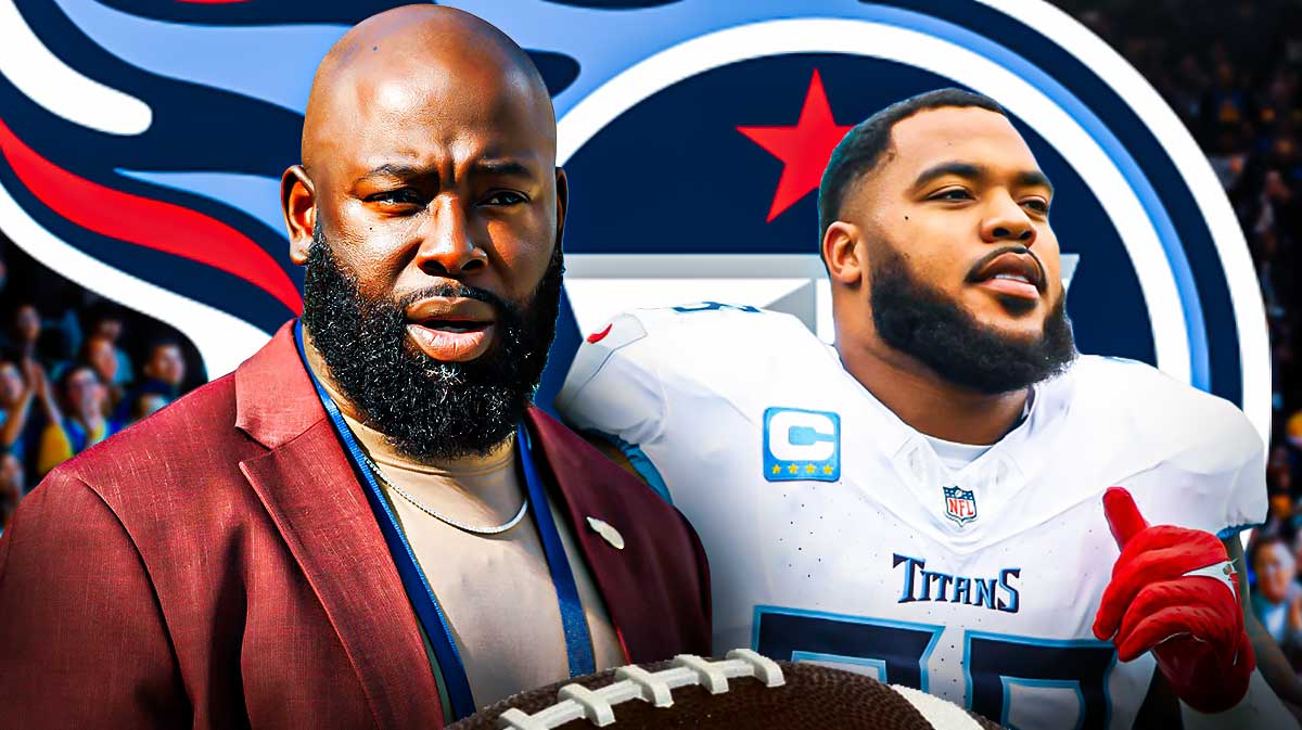 Tennessee Titans general manager Ran Carthon with a speech bubble that has the three dots emoji inside. He is next to Titans DT Jeffery Simmons. There is also a logo for the Tennessee Titans.