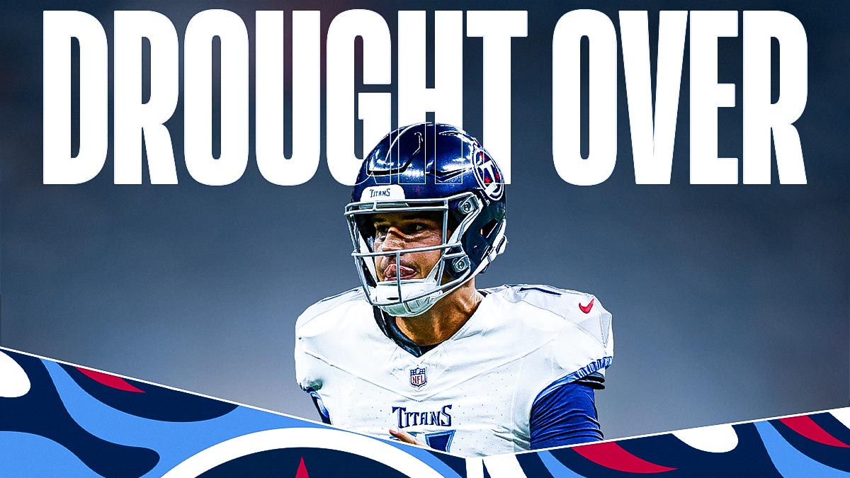 Mason Rudolph in Titans gear with huge "DROUGHT OVER" in the background.