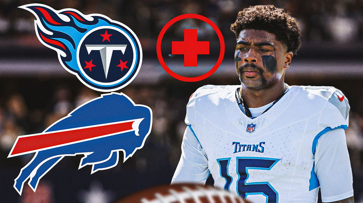 Titans wide receiver Treylon Burks with the health logo next to the Titans and Bills logos