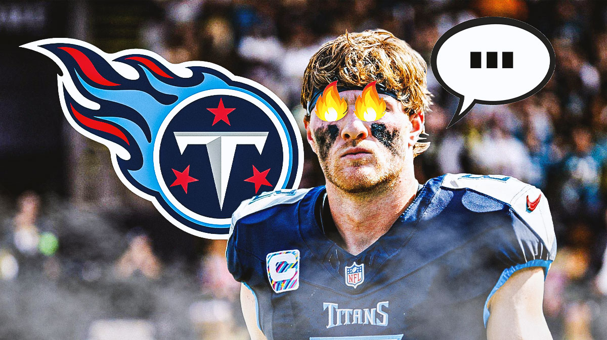 Tennessee Titans QB Will Levis with fire emojis over his eyes and a speech bubble with the three dots emoji inside. There is also a logo for the Tennessee Titans.