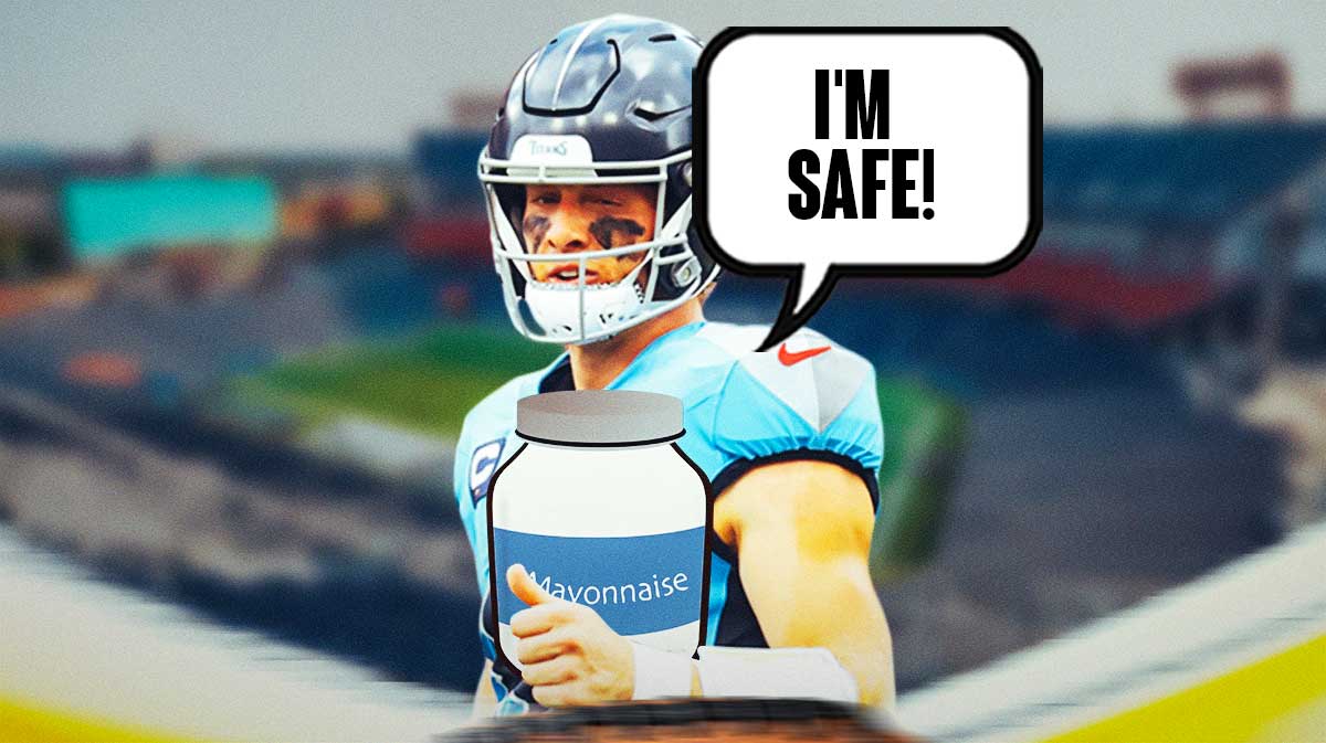 Will Levis holding a jar of mayo, smiling with a speech bubble, saying, "I'm safe!"