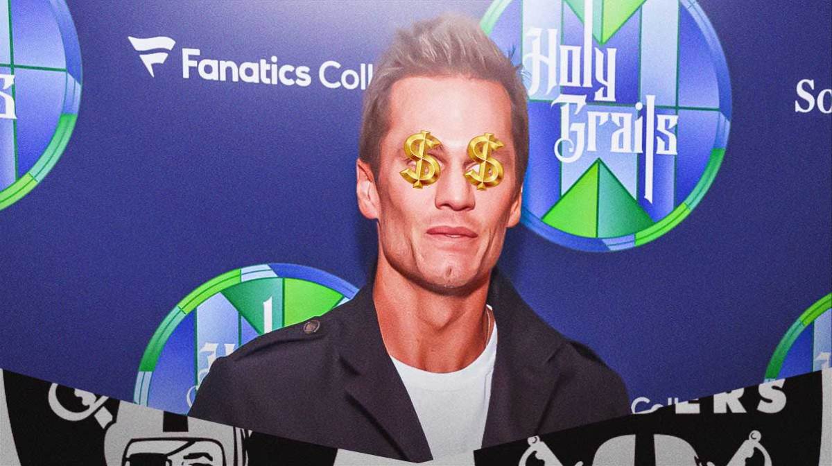 Tom Brady with dollar signs over his eyes, with the Las Vegas Raiders team logo next to him.