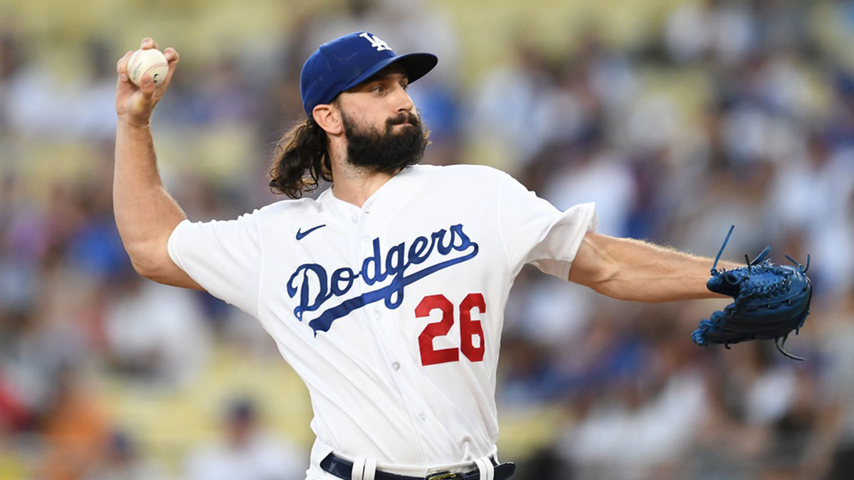 Los Angeles Dodgers starting pitcher Tony Gonsolin (26) throws a pitch against the Miami Marlins during the first inning at Dodger Stadium.