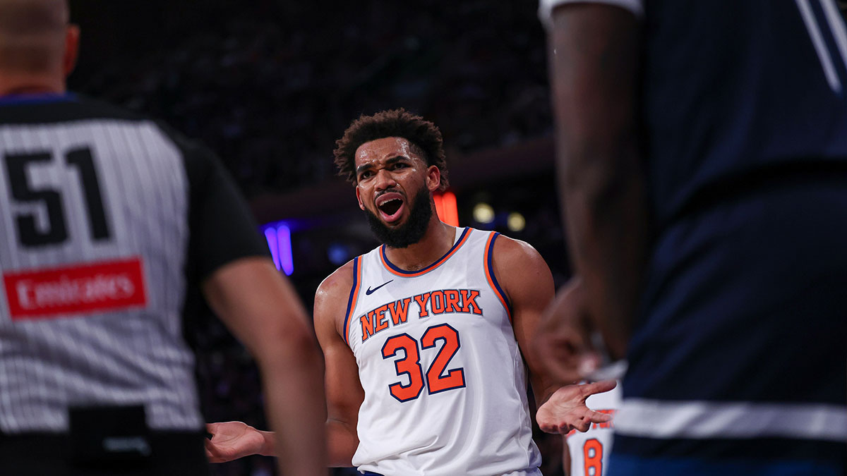 New York Knicks center Karl-Anthony Towns (32) reacts after being called for a foul during the second half against the Minnesota Timberwolves at Madison Square Garden
