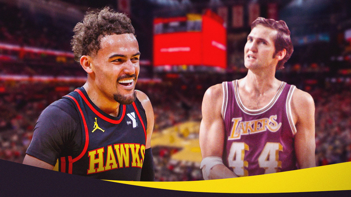 Hawks' Trae Young smiling, with Lakers' Jerry West (1960s version) beside him