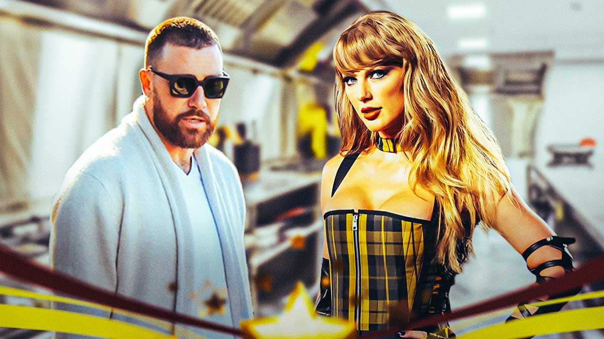 Kansas City Chiefs tight end Travis Kelce and Taylor Swift with kitchen background.