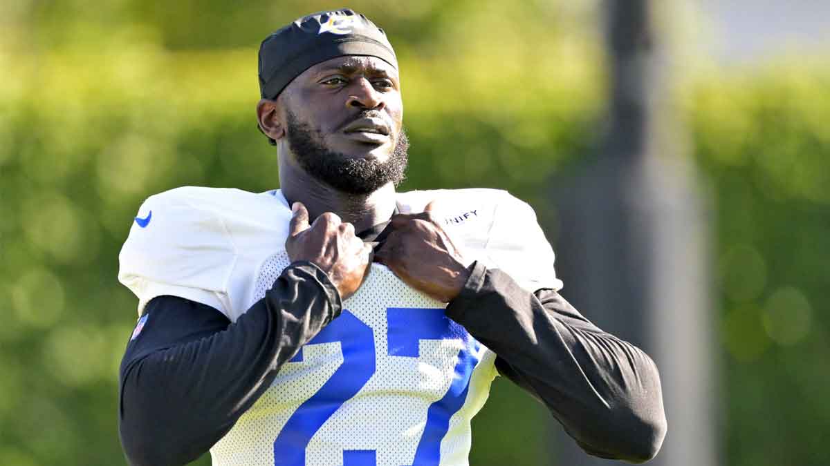 Los Angeles Rams cornerback Tre'Davious White (27) watches during training camp at Loyola Marymount University. 