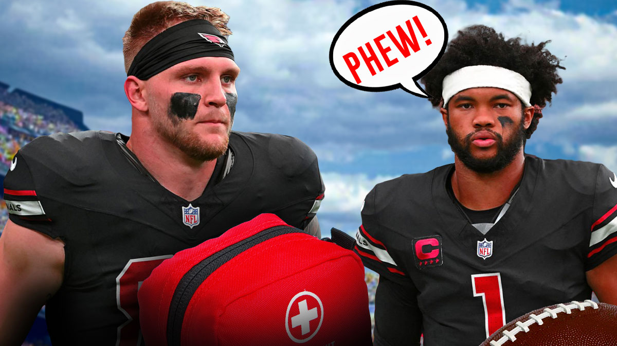 Trey McBride on one side with an injury kit in front of him, Kyler Murray on the other side with a speech bubble that says "Phew!"