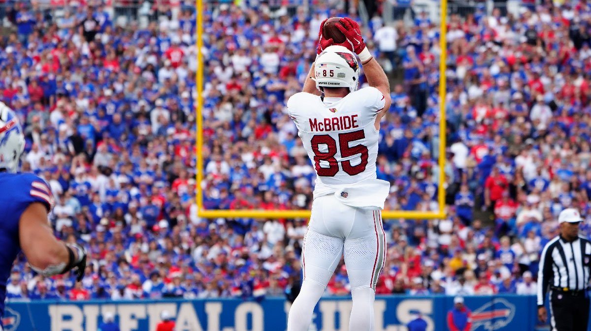 Arizona Cardinals tight end Trey McBride (85) makes a catch against the Buffalo Bills during the first half at Highmark Stadium.