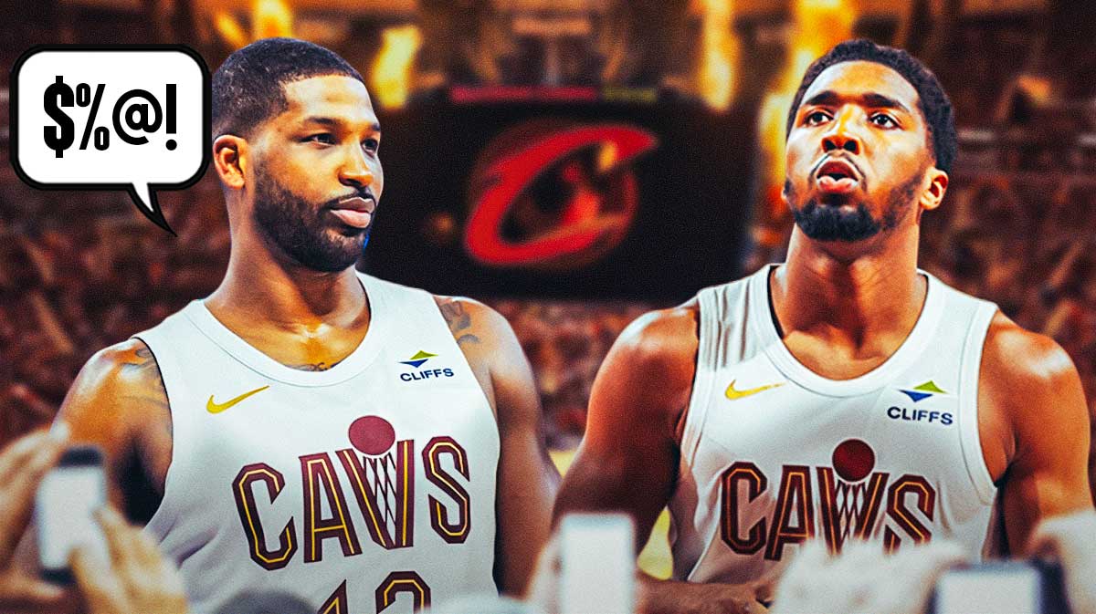 Tristan Thompson with a speech bubble saying, "$%@!" next to Donovan Mitchell featuring a Cavs-themed BG.