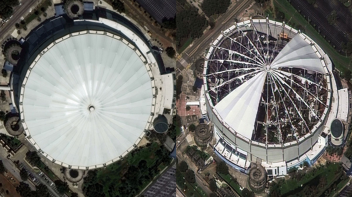 Tropicana Field before and after Hurricane Milton