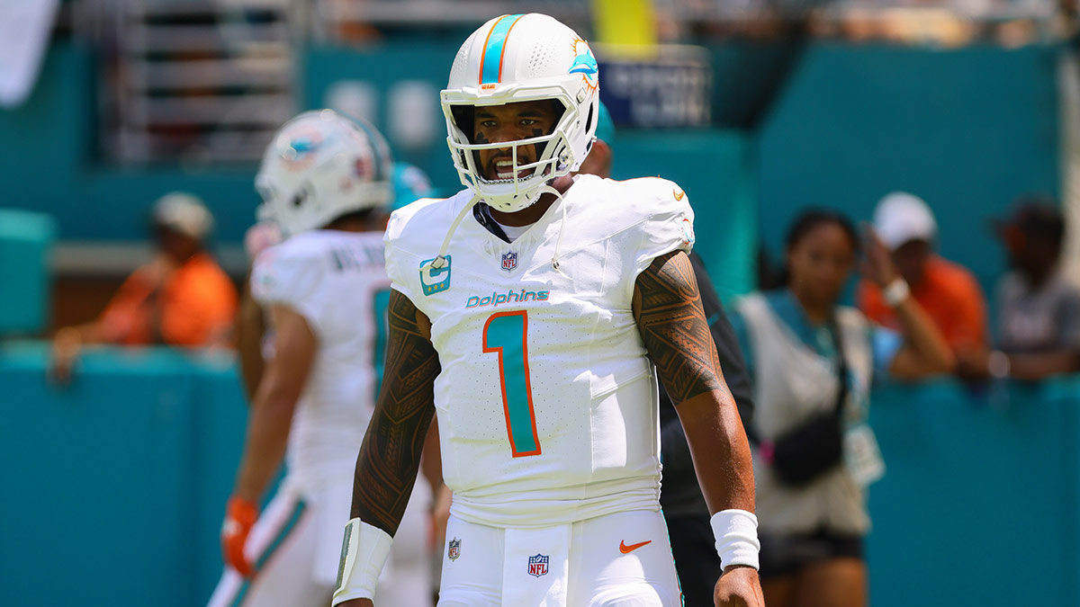 Miami Dolphins quarterback Tua Tagovailoa (1) reacts from the field before the game against the Jacksonville Jaguars at Hard Rock Stadium.