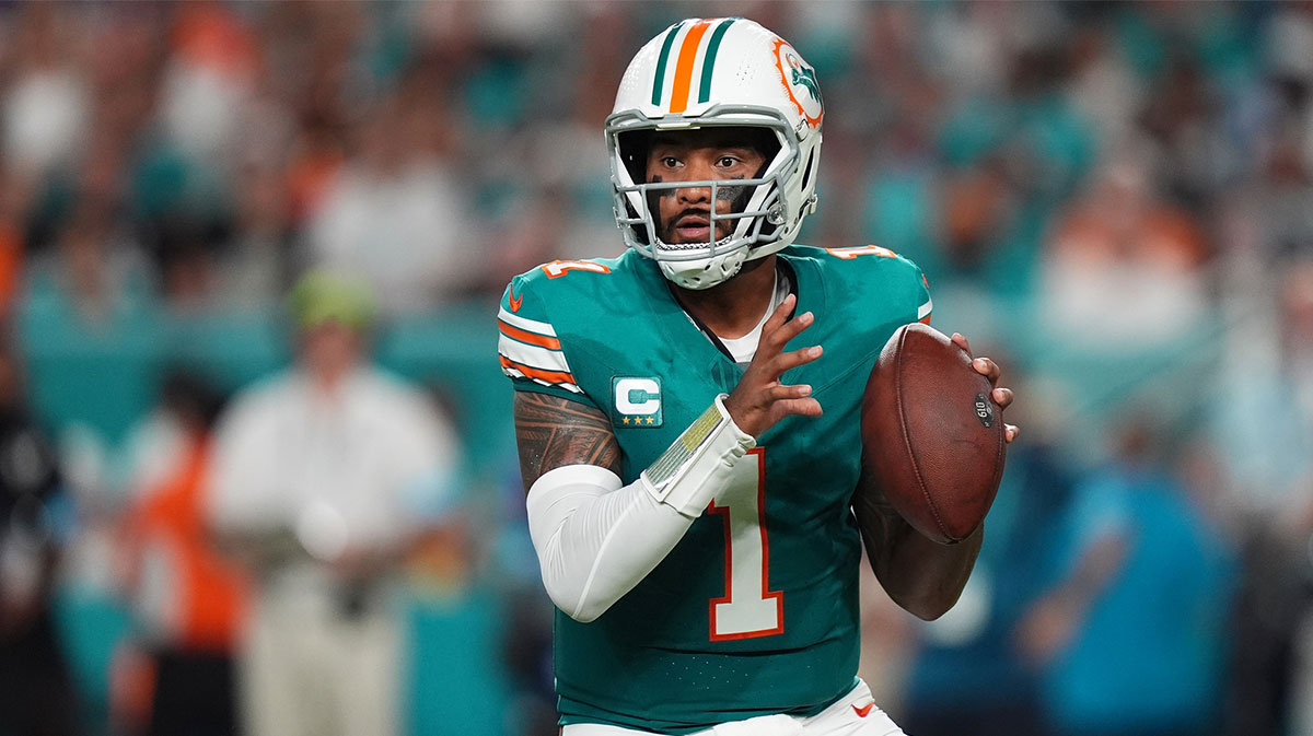 Miami Dolphins quarterback Tua Tagovailoa (1) drops back with the ball against the Buffalo Bills during the first half at Hard Rock Stadium.