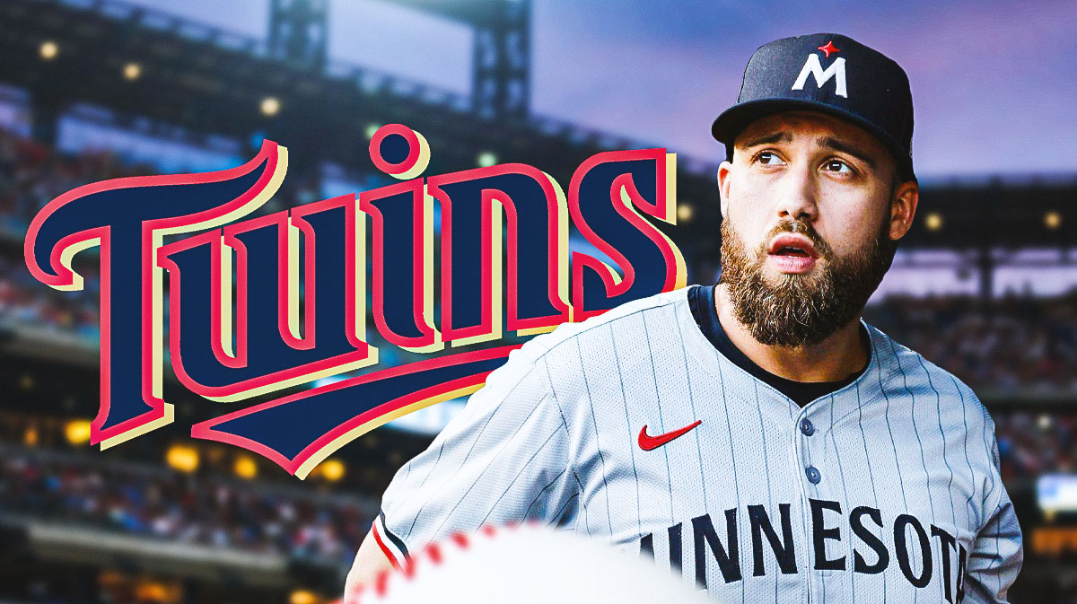 Minnesota Twins player Alex Kirilloff next to Twins logo