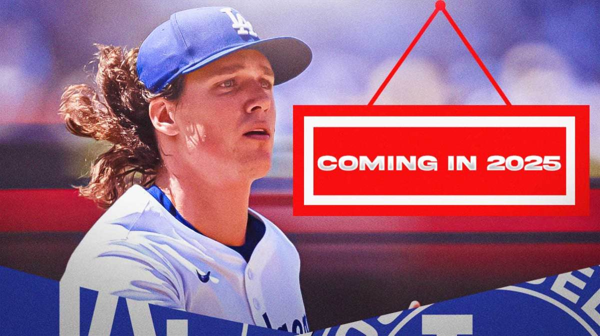 Dodgers' Tyler Glasnow with a sign next to him that says "Coming in 2025"