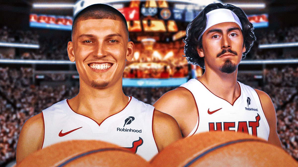 Miami Heat stars Tyler Herro and Jaime Jaquez Jr. in front of Kaseya Center.