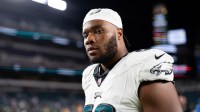 Philadelphia Eagles guard Tyler Steen (56) walks off the field after a game against the Indianapolis Colts at Lincoln Financial Field.