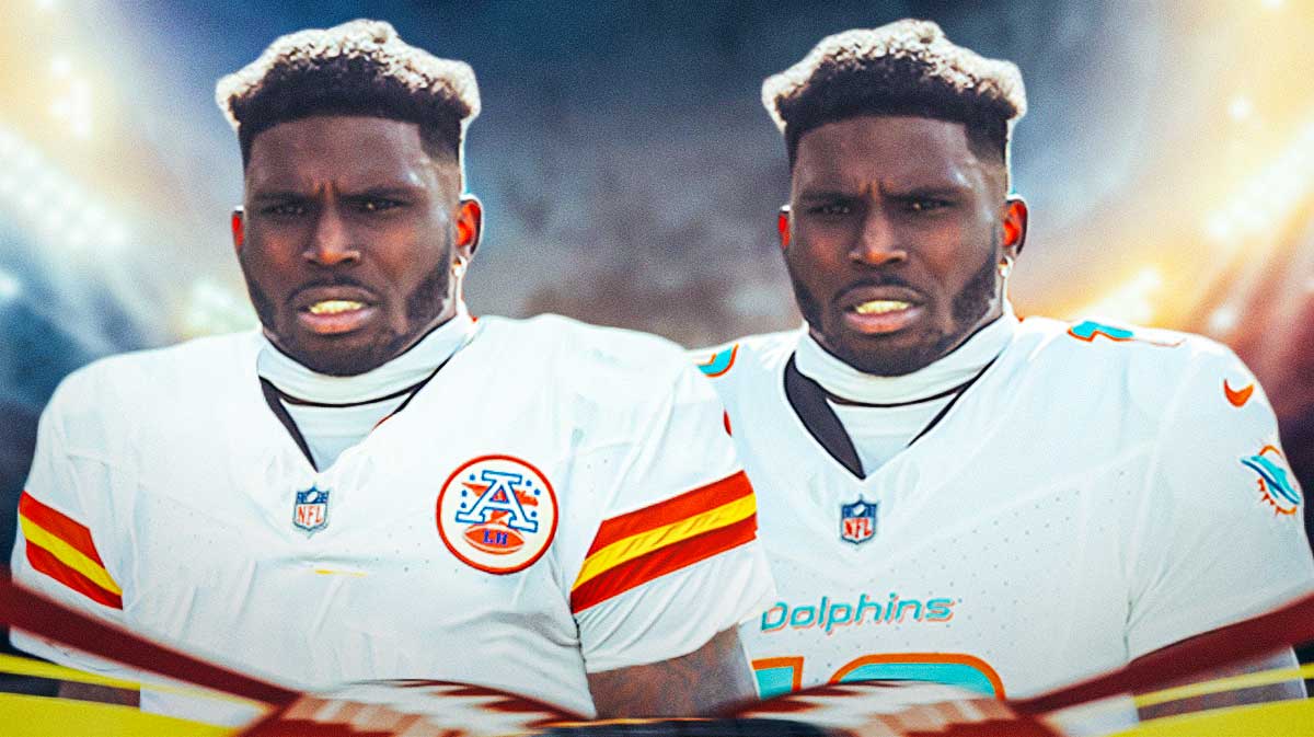 Tyreek Hill in a Chiefs jersey and a Dolphins jersey.