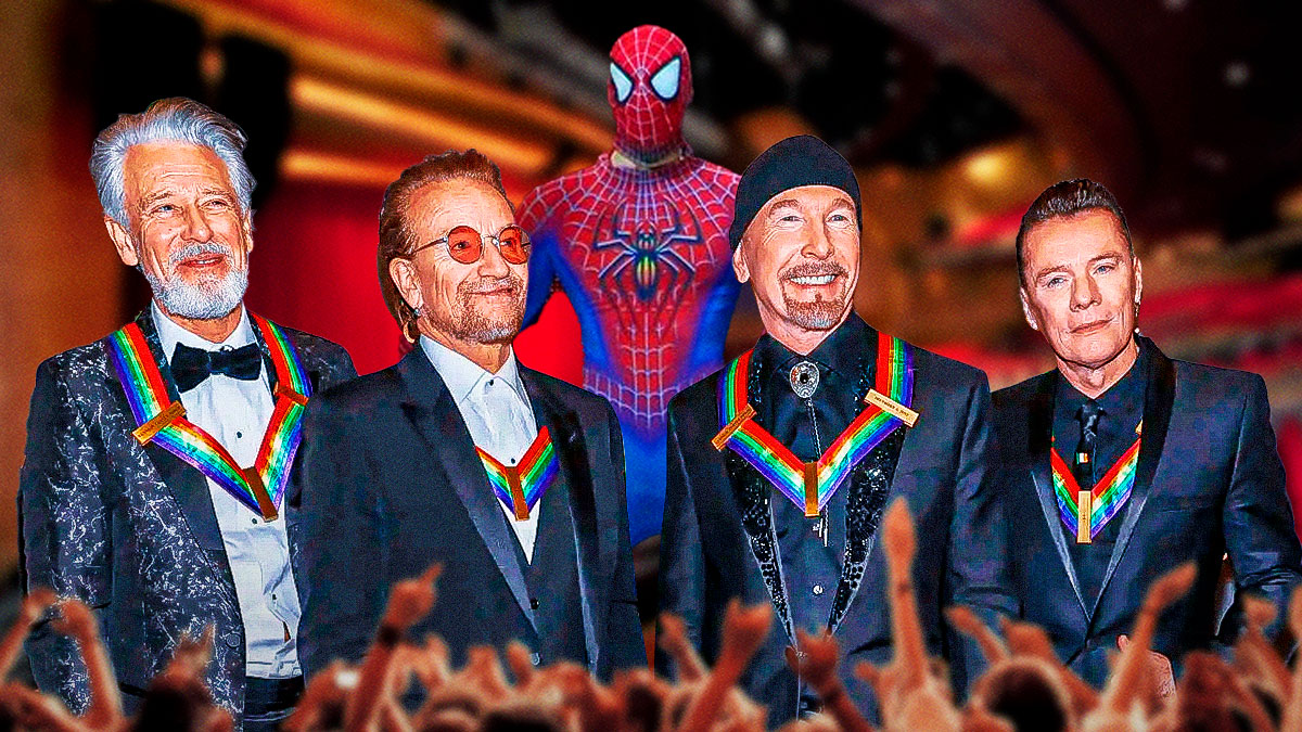U2 Happiness writers Adam Clayton, Bono, the Edge, and Larry Mullen Jr with Spider-Man from Turn off the Dark and Foxwoods Theater background.