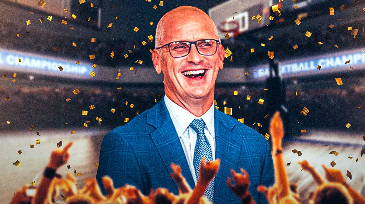 UConn Huskies head coach Dan Hurley with confetti falling behind him