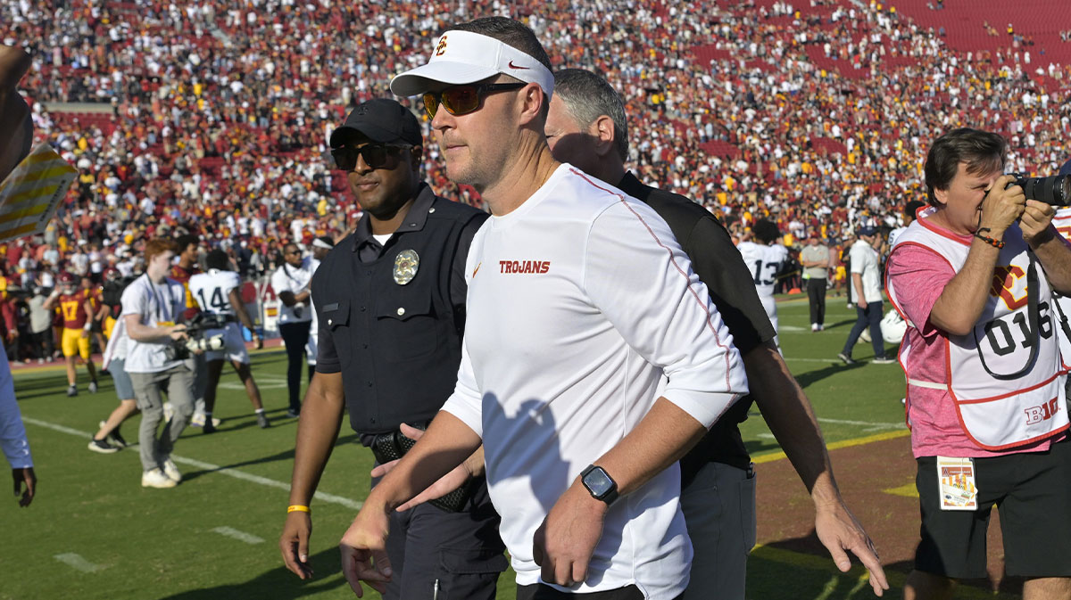 Los Angeles, California, USA; USC Trojans head coach Lincoln Riley walks off the field following the game against the Penn State Nittany Lions at United Airlines Field at the Los Angeles Memorial Coliseum