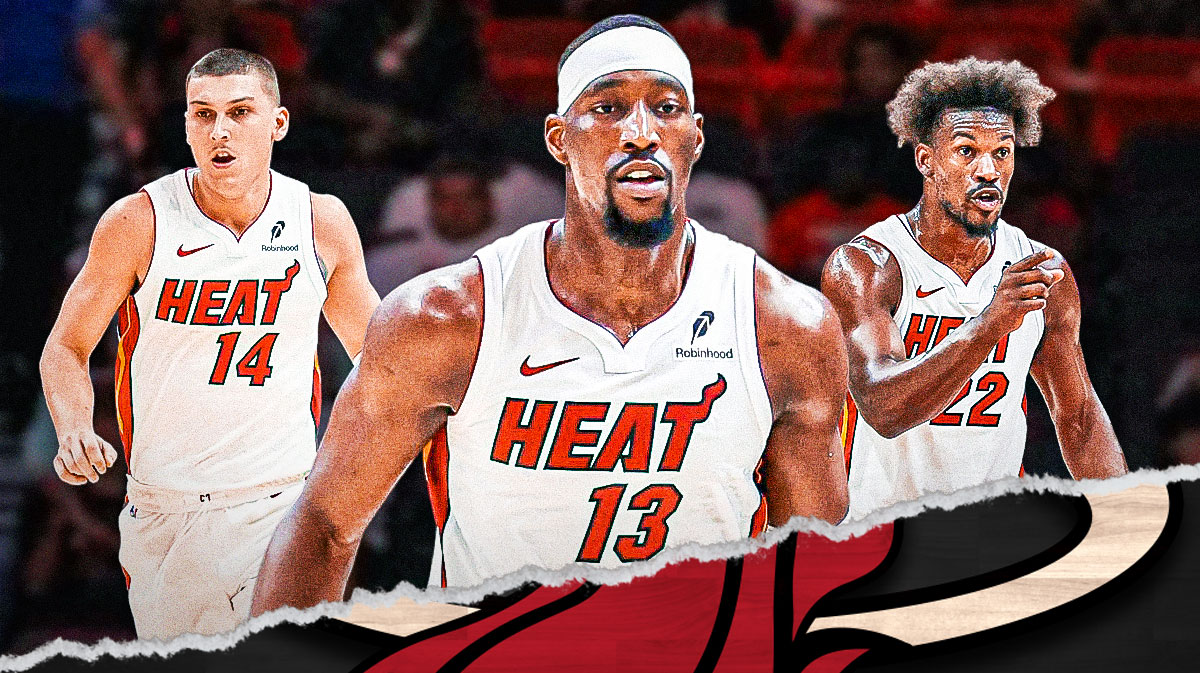 Miami Heat star Bam Adebayo in the center with Jimmy Butler and Tyler Herro on either side in front of Kaseya Center.