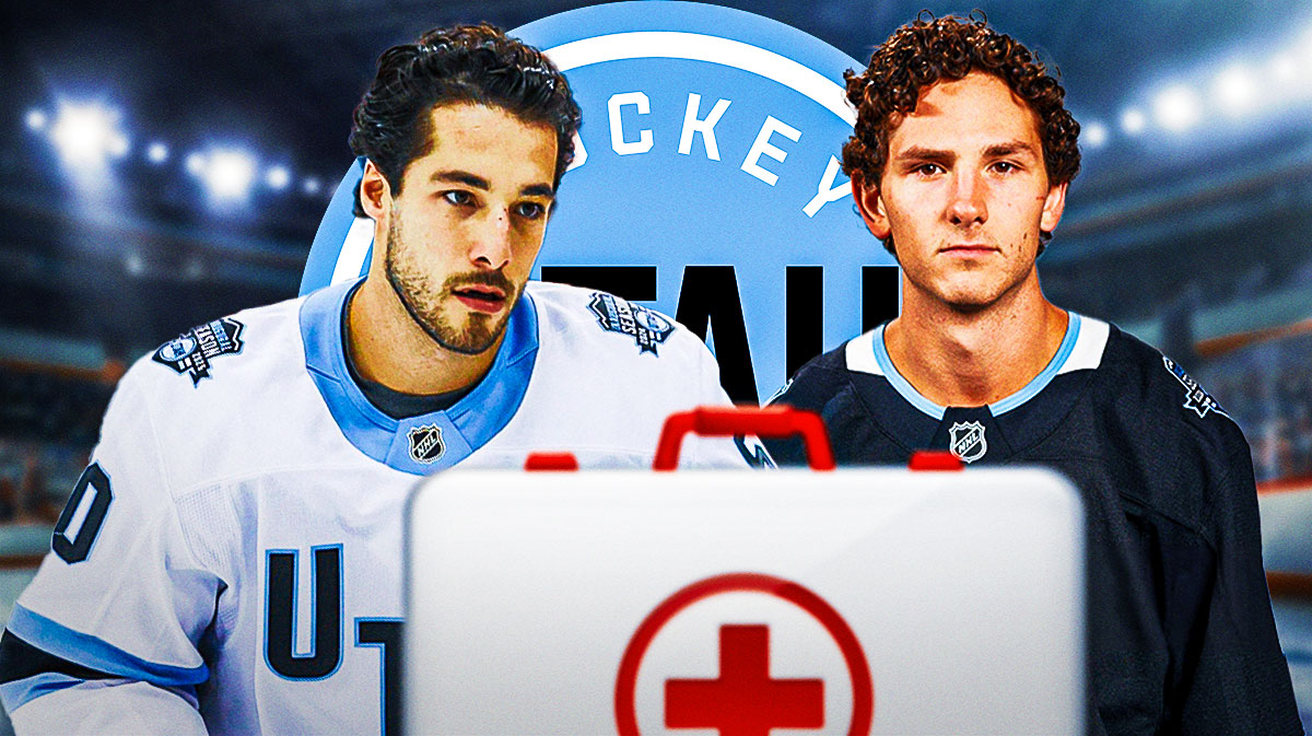 Sean Durzi and John Marino both in image looking stern (in Utah jerseys), first aid kit, Utah Hockey Club logo, hockey rink in background
