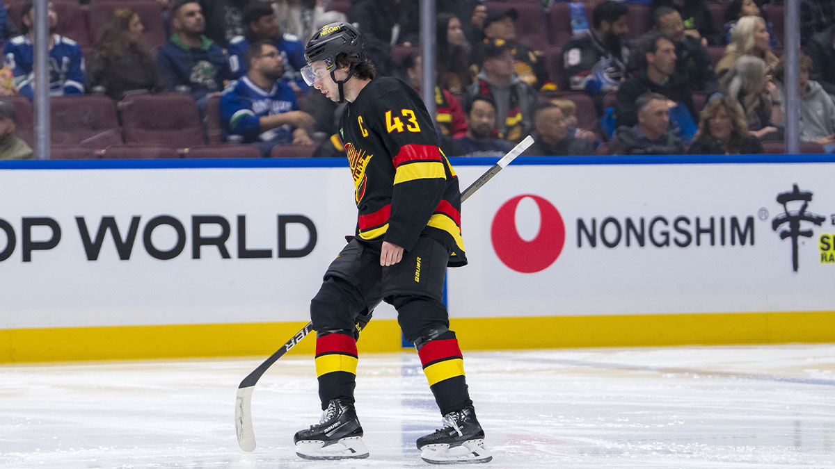 Vancouver Canucks defenseman Quinn Hughes (43) reacts after New Jersey scored a shorthanded goal in the second period at Rogers Arena.