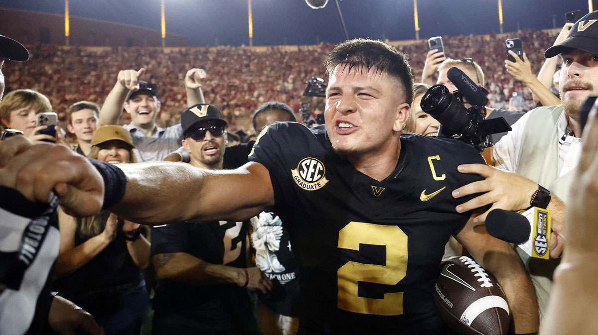 Vanderbilt Commodores quarterback Diego Pavia celebrates with fans after defeating the Alabama Crimson Tide during the second half at FirstBank Stadium
