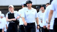 Vanderbilt Commodores head coach Clark Lea walks the sidelines against the Alabama Crimson Tide during the second half at FirstBank Stadium
