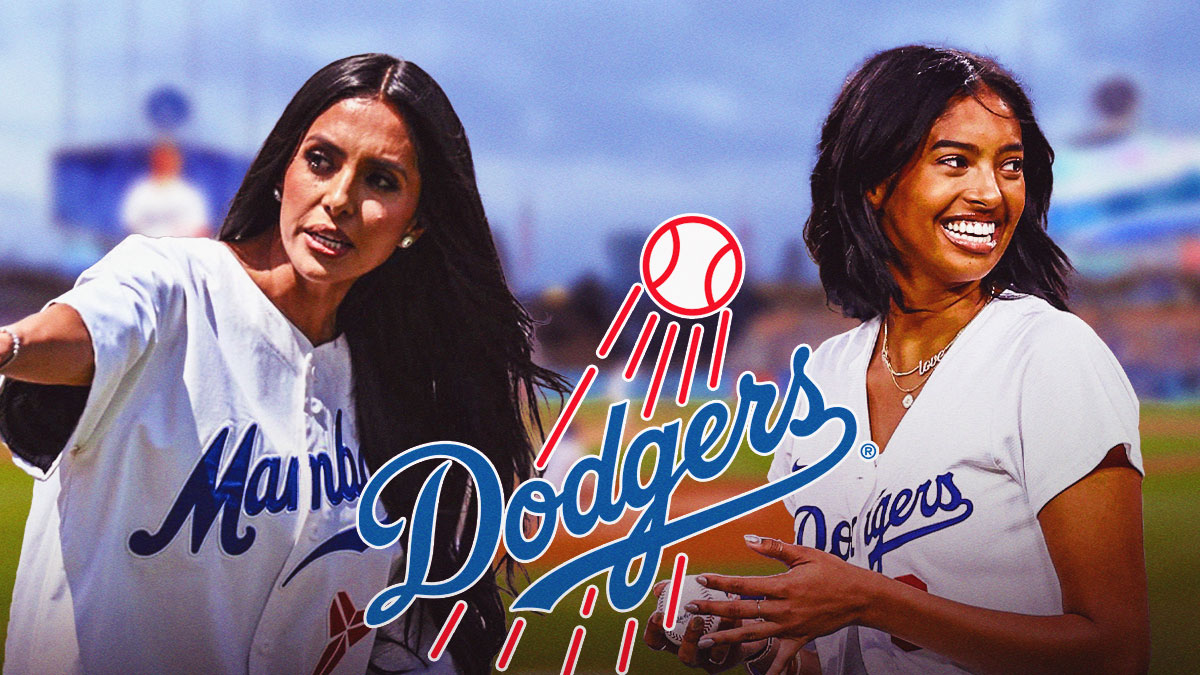 Vanessa Bryant and Natalia Bryant with the Los Angeles Dodgers logo between them