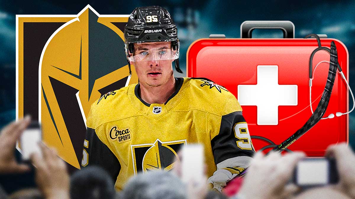 Victor Olofsson in middle of image looking stern, first aid kit, Vegas Golden Knights logo, hockey rink in background
