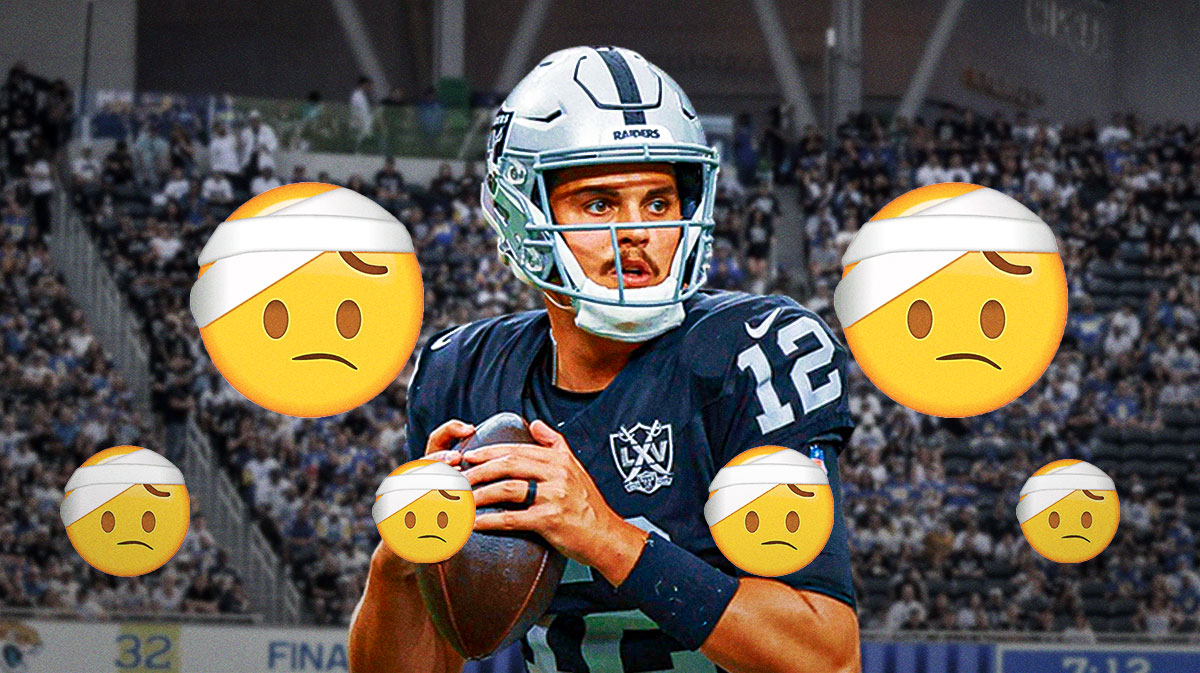 Aidan O'Connell in Raiders jersey with injured emojis around him