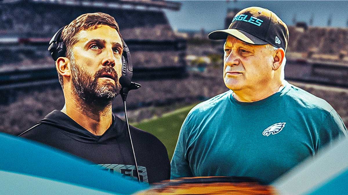 Philadelphia Eagles defensive coordinator Vic Fangio and Nick Sirianni i front of Lincoln Financial Field.