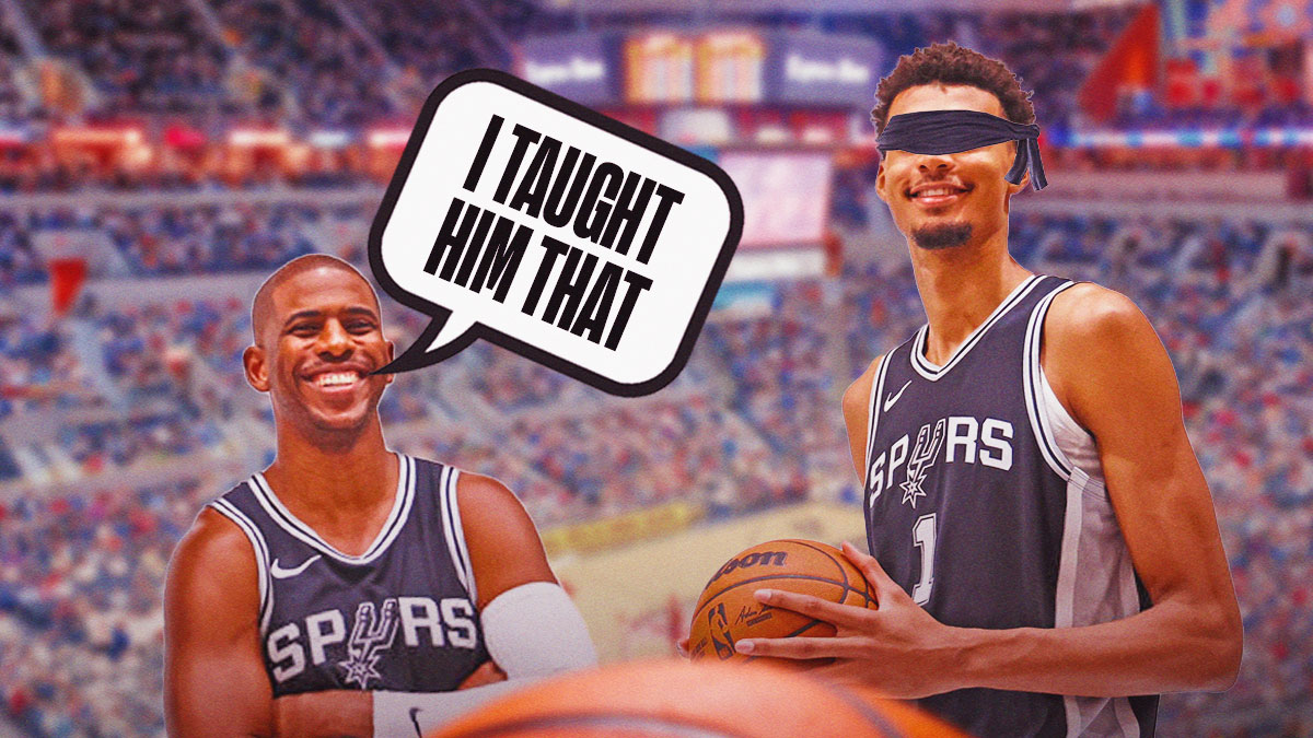 Spurs' Victor Wembanyama smiling while holding a ball while being blindfolded, with Chris Paul smiling at him, speech bubble on Paul: "I TAUGHT HIM THAT"