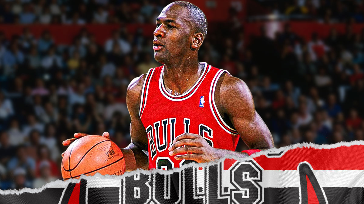 A young Michael Jordan in a Bulls jersey.
