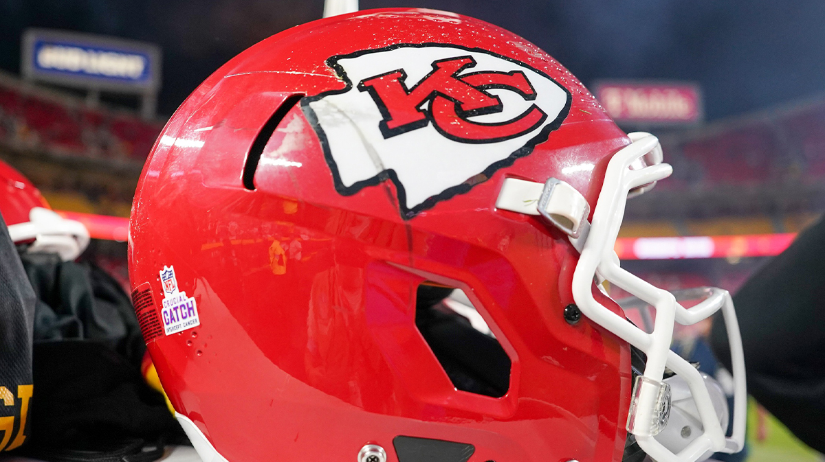 A general view of a Kansas City Chiefs helmet against the New Orleans Saints during the second half at GEHA Field at Arrowhead Stadium.