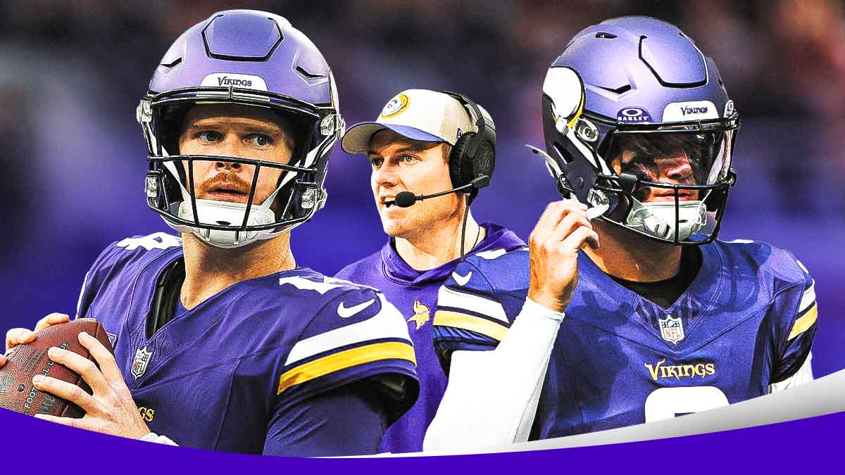 Sam Darnold in a Minnesota Vikings uniform and J.J. McCarthy in a Minnesota Vikings uniform with coach Kevin O'Connell in the background as O'Connell discussed his two quarterbacks ahead of the Week 8 matchup with the Rams.