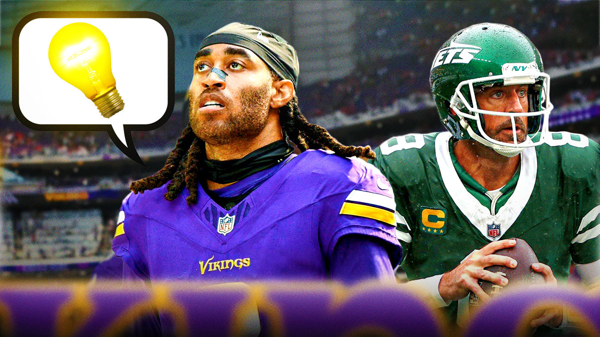 Vikings' Stephon Gilmore with a thought bubble with a big bright light bulb 💡 inside of it next to Jets' Aaron Rodgers