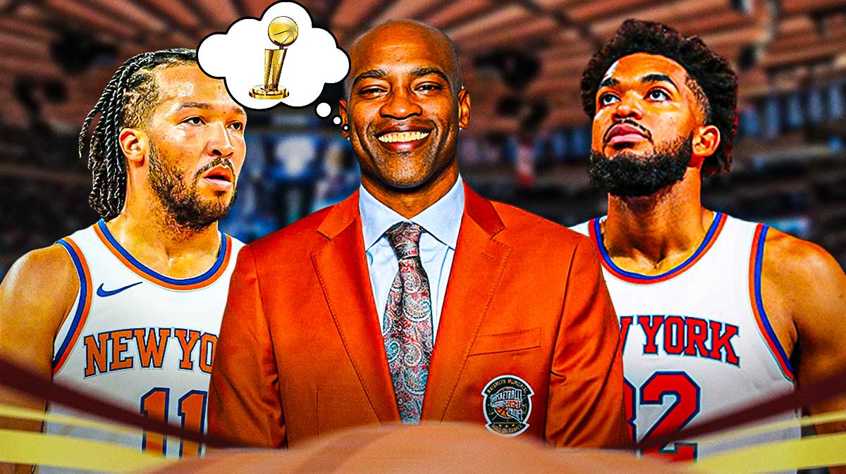 Vince Carter with a thought bubble containing image of Larry O'Brien trophy, with Knicks' Jalen Brunson and Karl-Anthony Towns hyped up beside him