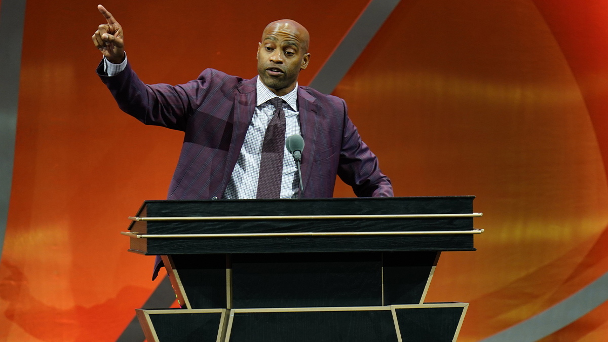 Class of 2024 inductee Vince Carter speaks during the Naismith Memorial Basketball Hall of Fame Enshrinement at Symphony Hall Springfield.