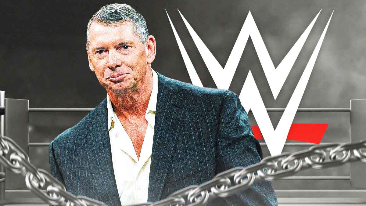 A black-and-white Vince McMahon in a court with the WWE logo as the background.