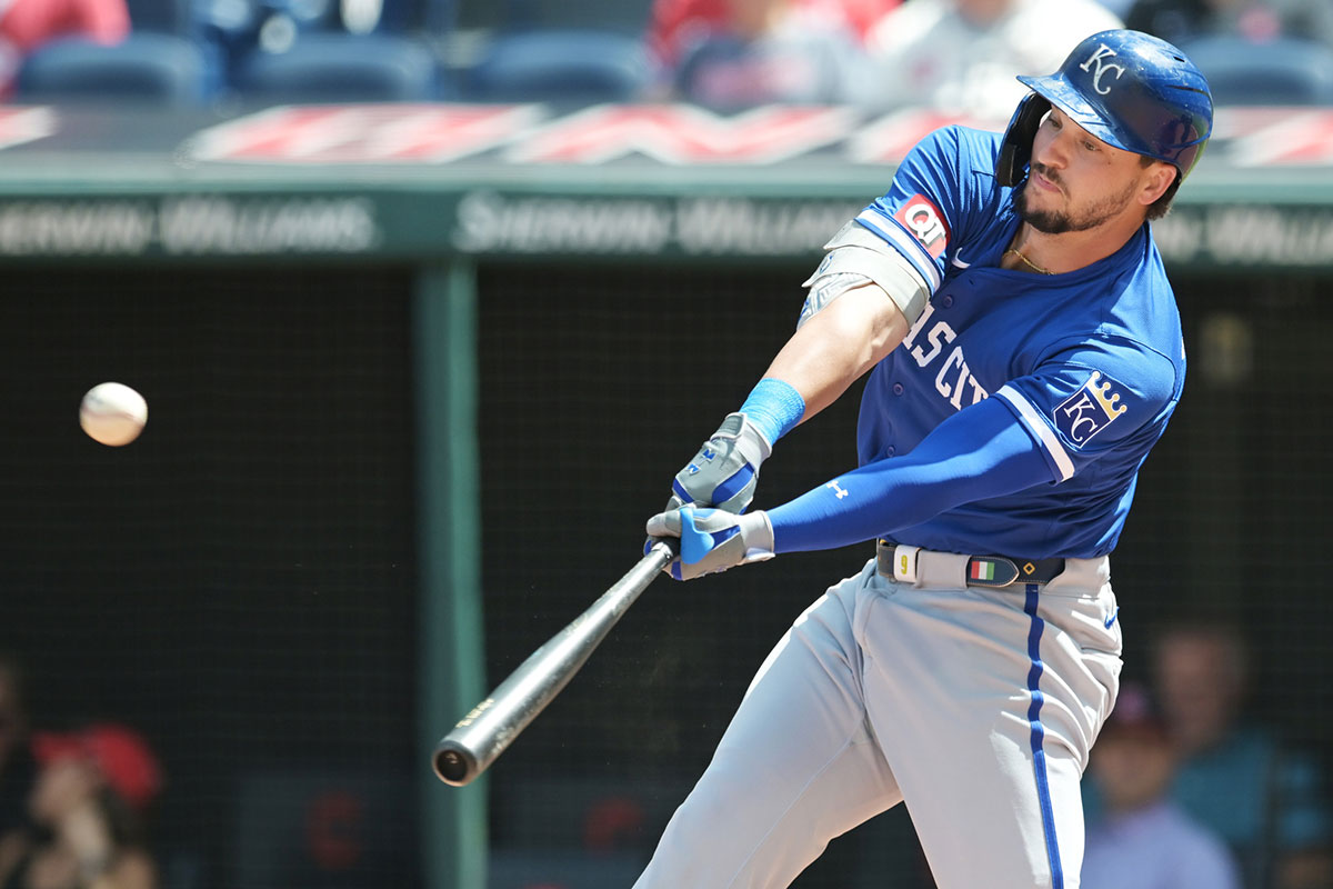Royals first baseman Vinnie Pasquantino (9) hits a home run during the first inning against the Guardians.