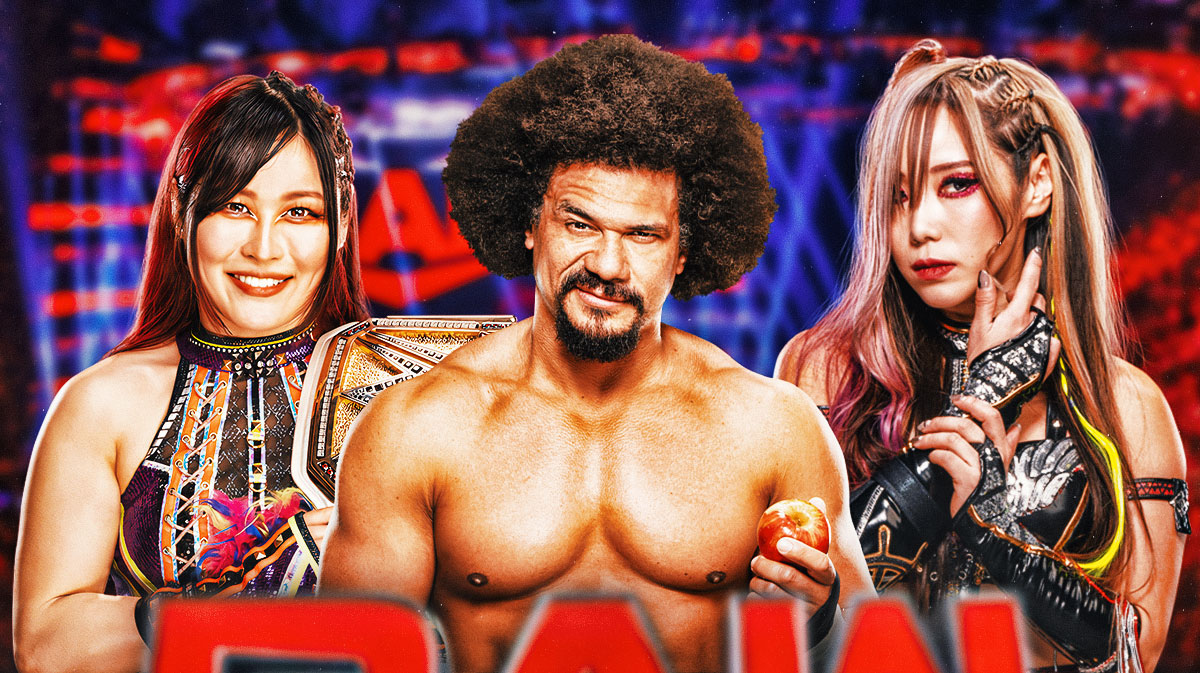 WWE stars Iyo Sky, Carlito, and Kairi Sane with Monday Night RAW background.