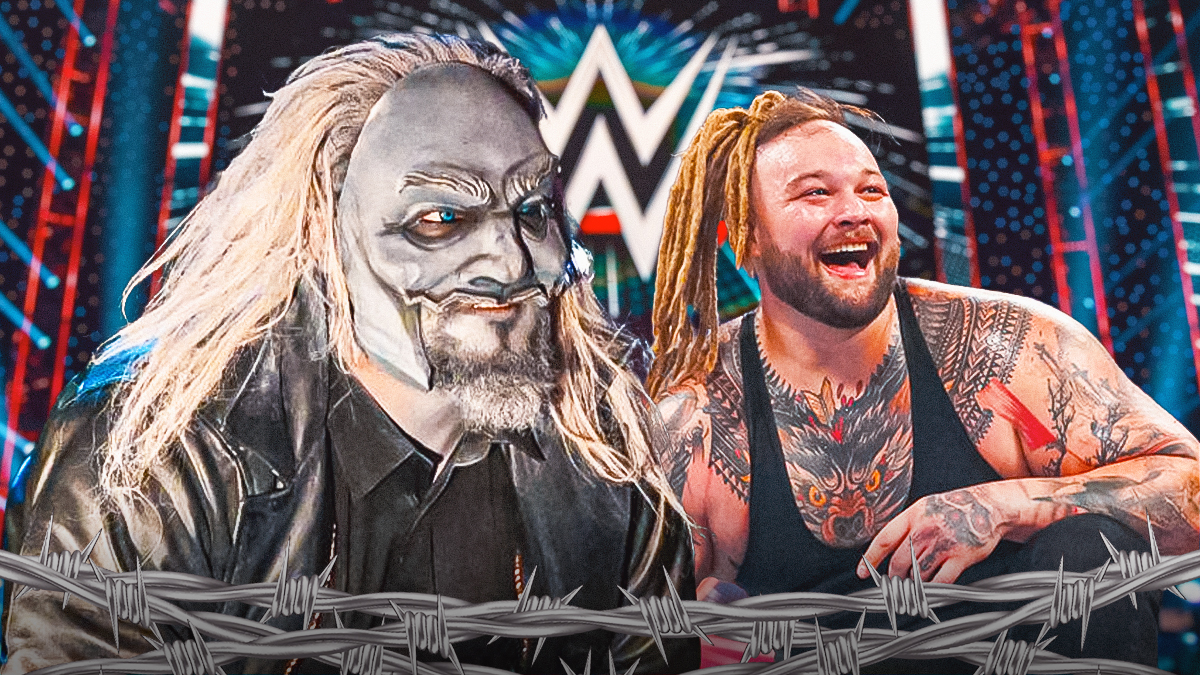 Uncle Howdy next to Bray Wyatt with the WWE logo as the background.