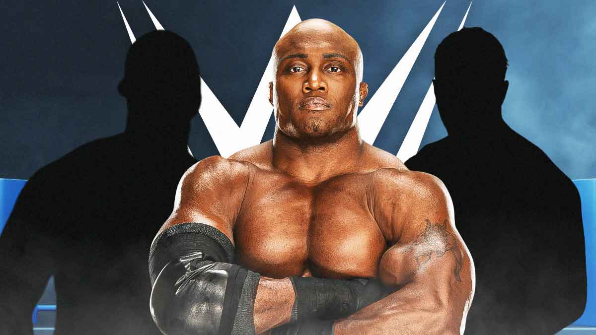 Bobby Lashley in the middle with the blacked-out silhouette of Omos on his left, the blacked-out silhouette of Karrion Kross on the right, and the WWE logo as the background.